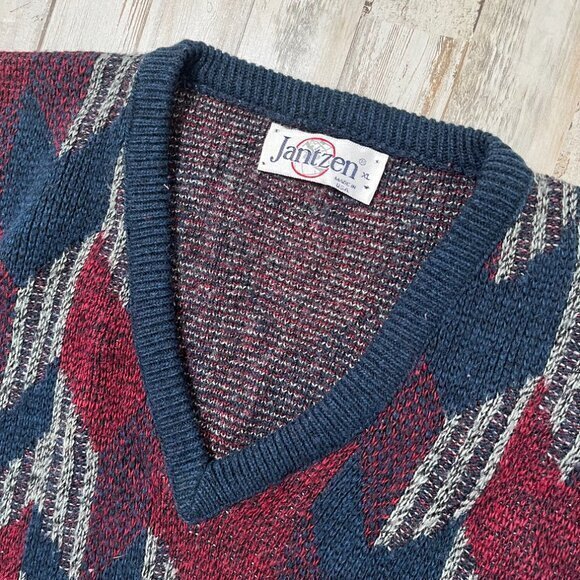 Vintage 90s Jantzen Cottage Aztec Geometric Knit V Neck Sweater Pullover Mens XL - Picture 2 of 6